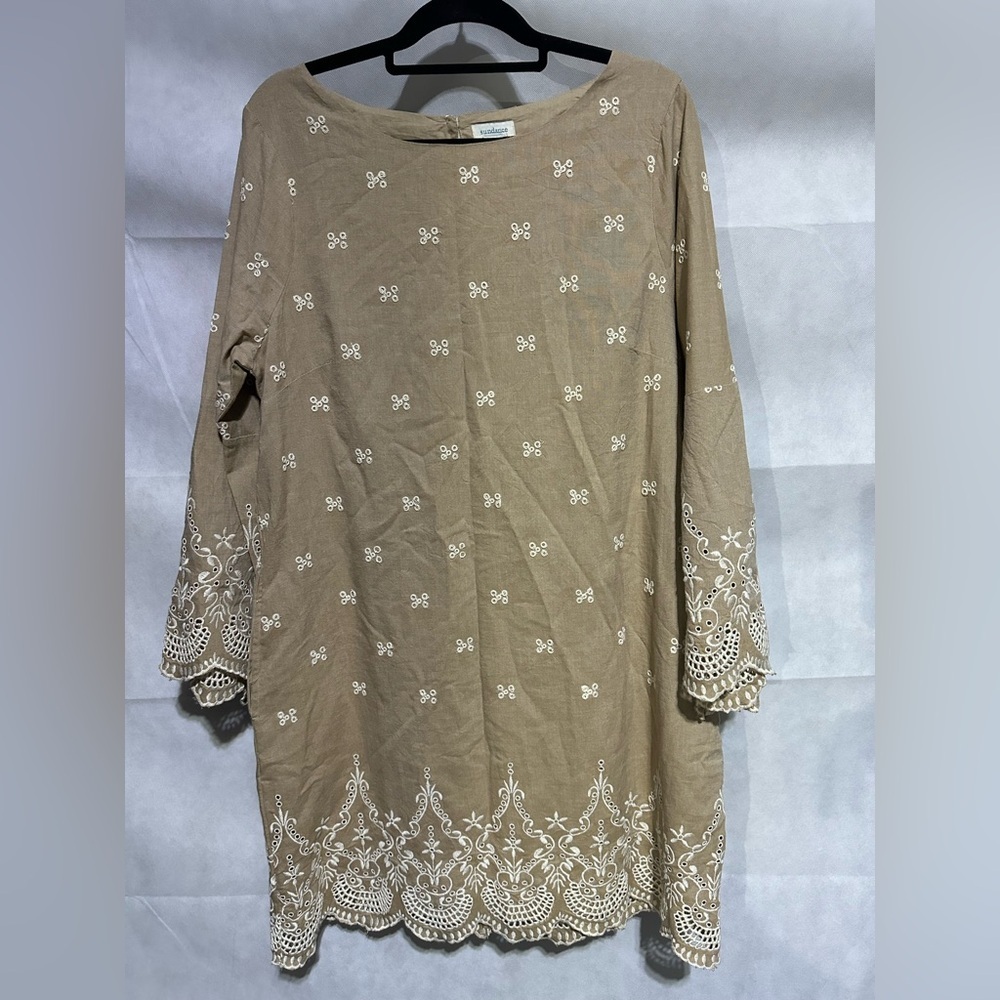 Sundance Royal Beauty Embroidered Bell Sleeve Dress Tan White Sz 16 Eyelet India